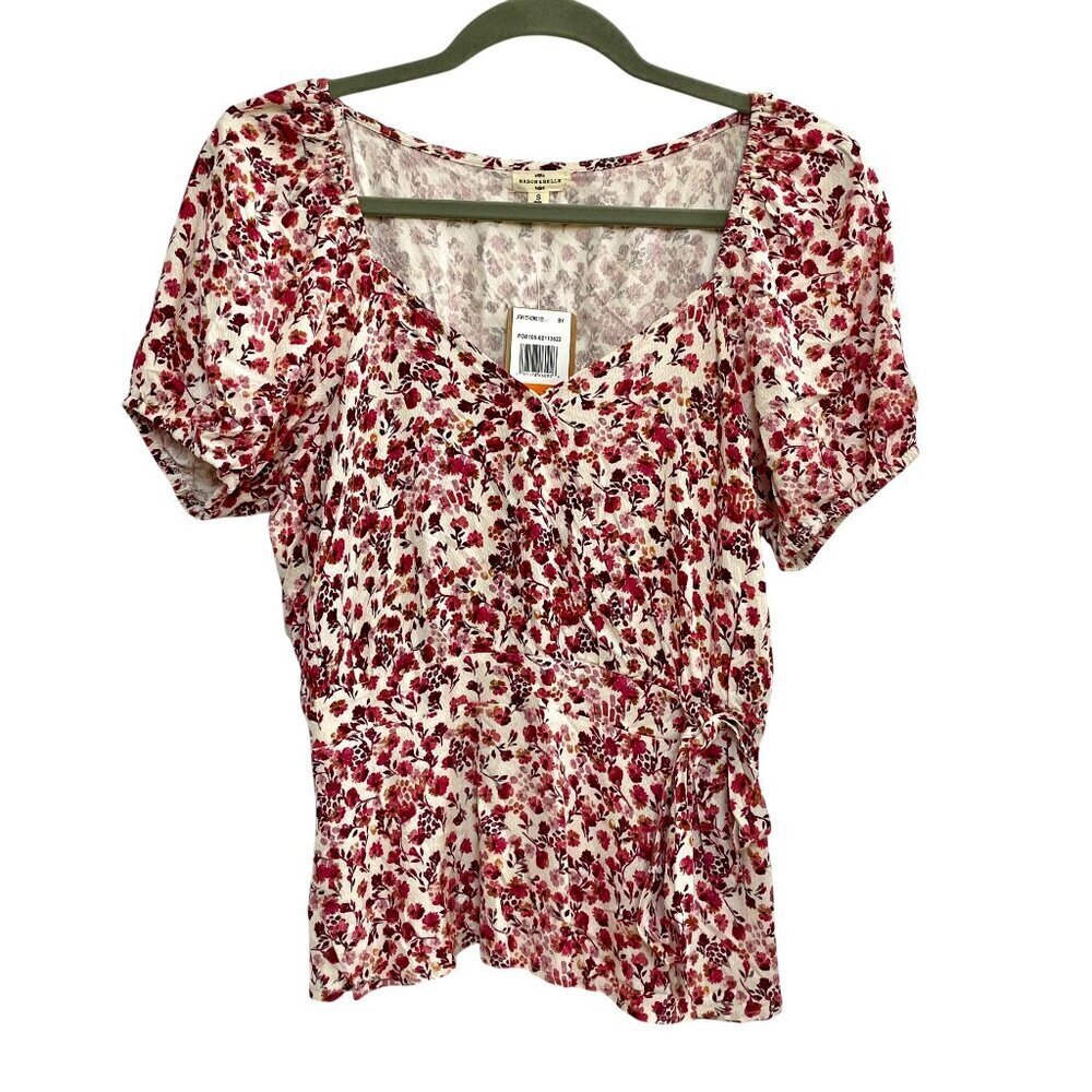 NWT Mason & Belle Floral Faux Wrap Side-Tie Peplum Milkmaid Top Pink White Small